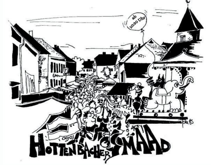 Plakat Hottenbacher Maad Schwarz-weiße Linienzeichnung einer belebten Straße mit Karussell, Menschenmenge und Schriftzug 'HOTTENBACHER MAAD'