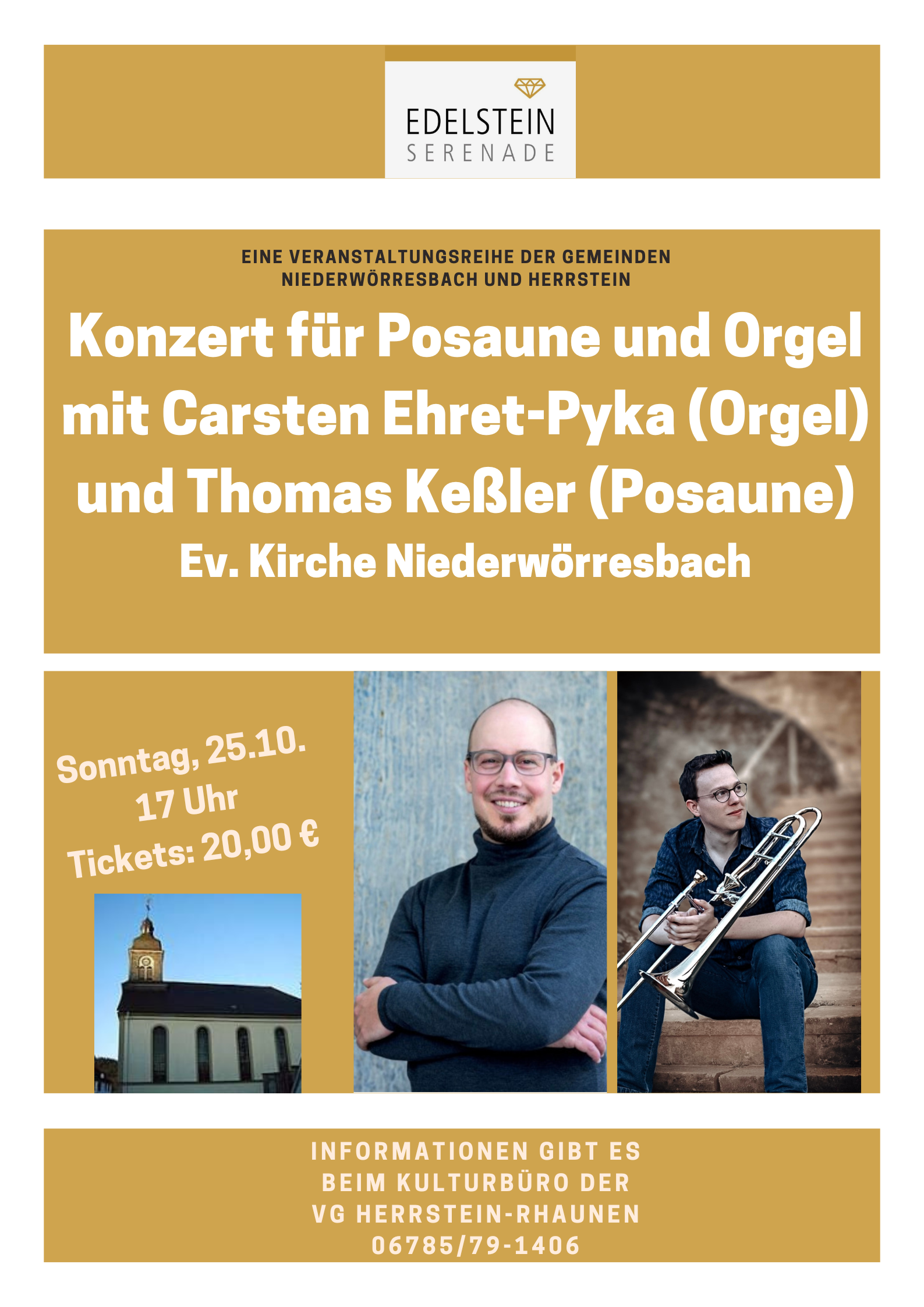 Konzert für Posaune und Orgel - Plakat Edelsteinserenade Plakat für Konzert mit Posaune und Orgel in der Ev. Kirche Niederwörresbach mit Fotos der Musiker und Veranstaltungsdetails