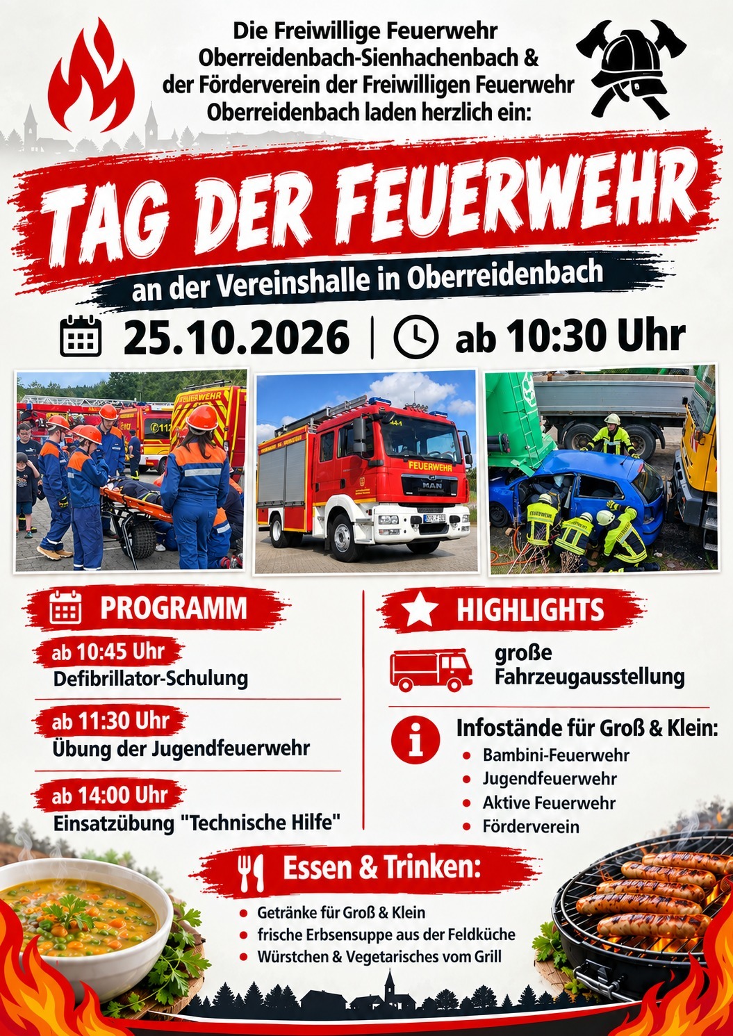 Plakat Tag der Feuerwehr Plakat für den Tag der Feuerwehr am 25.10.2026 ab 10:30 Uhr mit Programm, Highlights, Essen und Trinken sowie Fotos von Feuerwehrleuten und Fahrzeugen