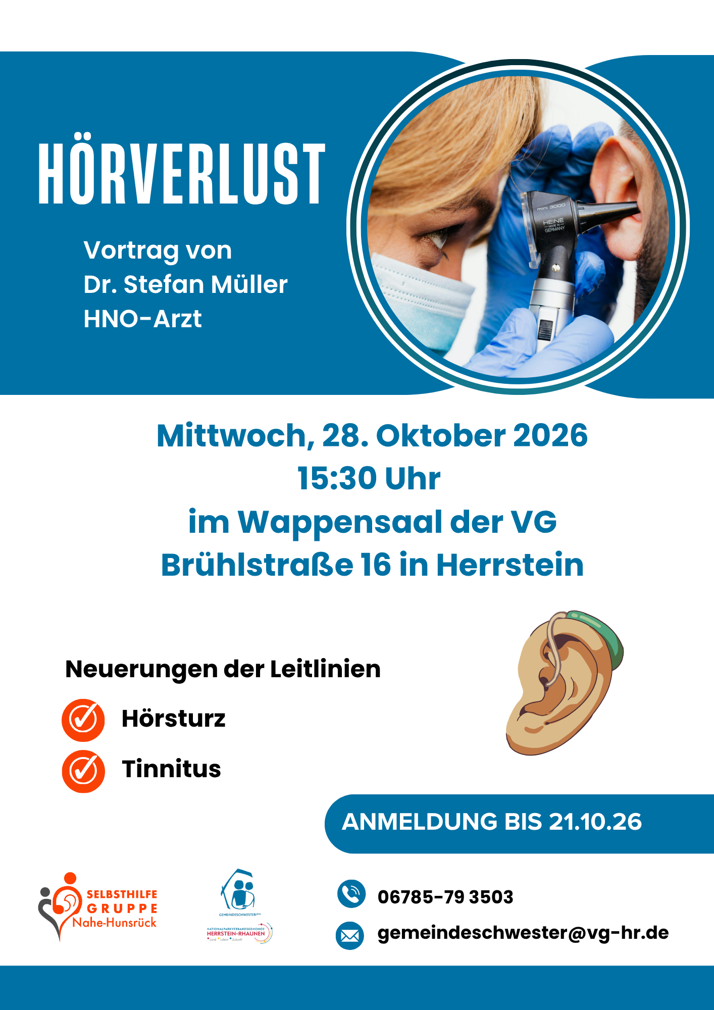 Plakat Vortrag 'Hörverlust' Plakat für einen Vortrag über Hörverlust mit Bild einer Ärztin, die das Ohr eines Patienten untersucht, Datum, Ort, Themen Hörsturz und Tinnitus sowie Kontaktdaten zur Anmeldung