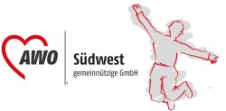 Logo mit rotem Herz, dem Schriftzug 'AWO' in Schwarz, daneben der Text 'Südwest gemeinnützige GmbH' und einer rot umrandeten Silhouette einer springenden Person