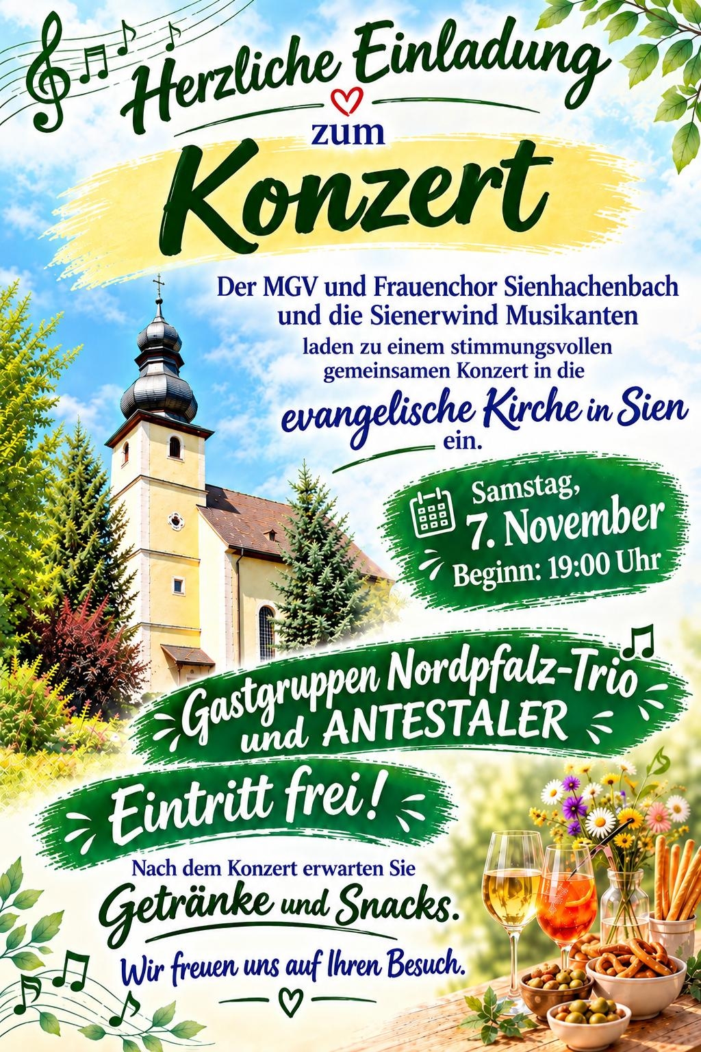 Plakat MGV & Frauenchor Sienhachenbach Einladungsplakat für ein Konzert in der evangelischen Kirche in Sien mit Angaben zu Datum, Uhrzeit, Gastgruppen und freiem Eintritt vor einem Hintergrund mit Kirche und Bäumen