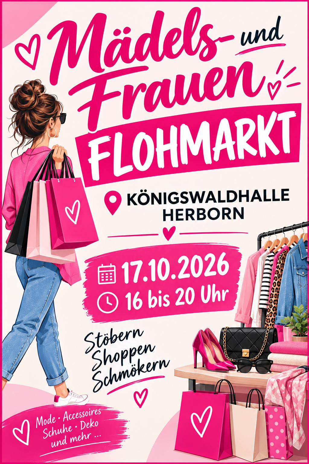 Plakat Flohmarkt Frau mit Hochsteckfrisur trägt mehrere Einkaufstüten und steht vor einem Kleiderständer mit Damenbekleidung und einem Tisch mit Schuhen und Taschen