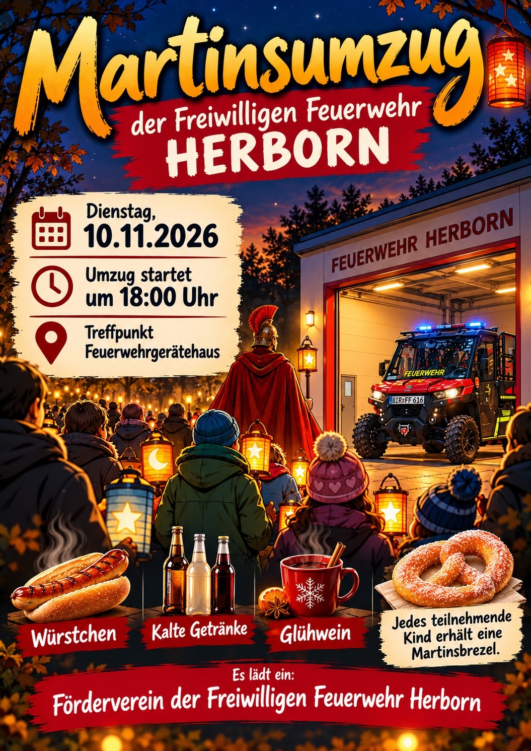 Plakat Martinsumzug Illustration eines Martinsumzugs mit einer Person in rotem Umhang vor einem Feuerwehrhaus, einem Feuerwehrfahrzeug, Laternen, Menschen mit Winterkleidung, Würstchen, kalten Getränken, Glühwein und Martinsbrezeln, dazu Text mit Veranstaltungsdetails für den 10.11.2026 in Herborn