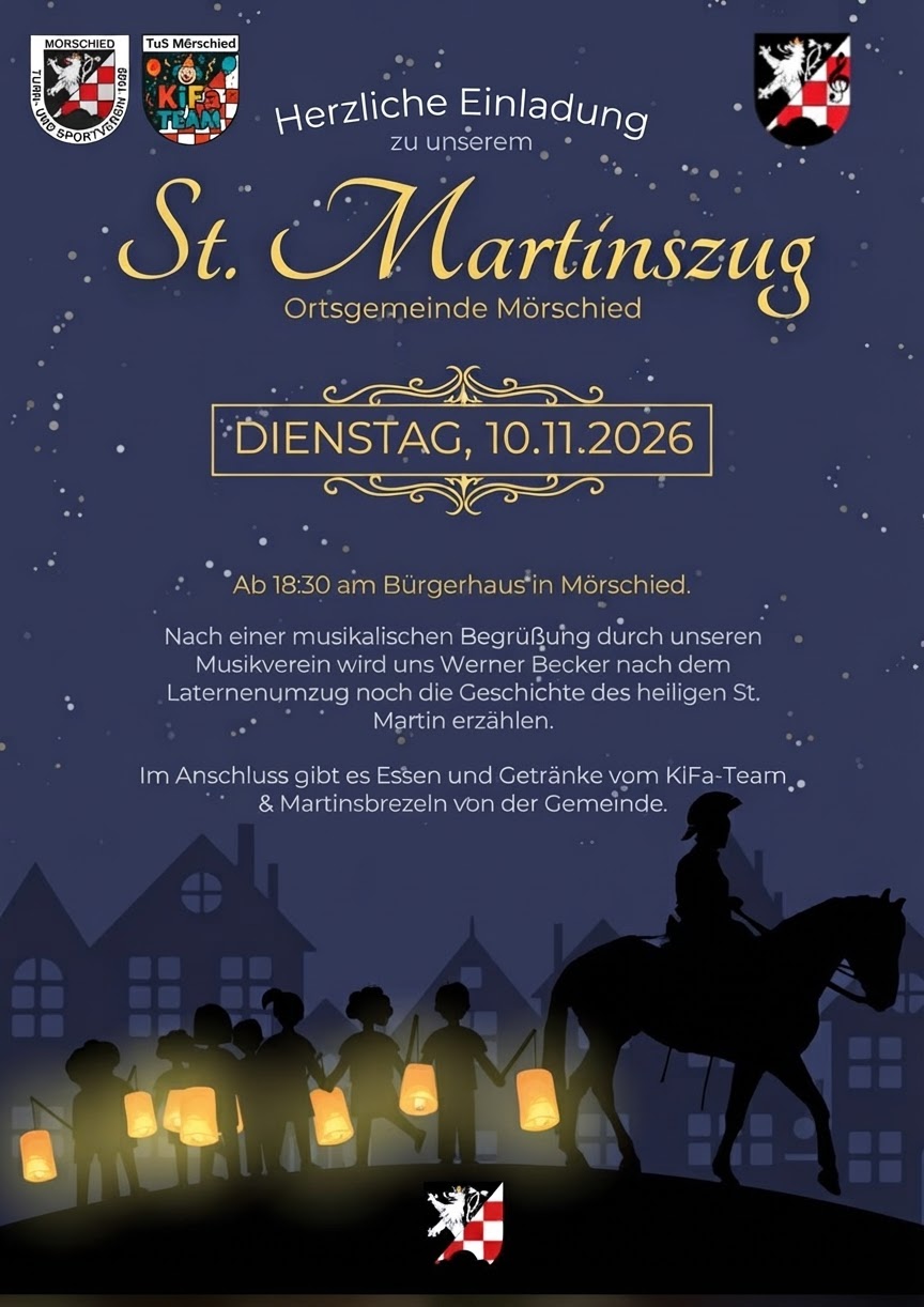 Plakat Martinsumzug Silhouetten von Kindern mit Laternen und eine Reiterfigur vor einer Häuserzeile bei Nacht mit Text zur Einladung zum St.-Martinszug am 10.11.2026 in Mörschied