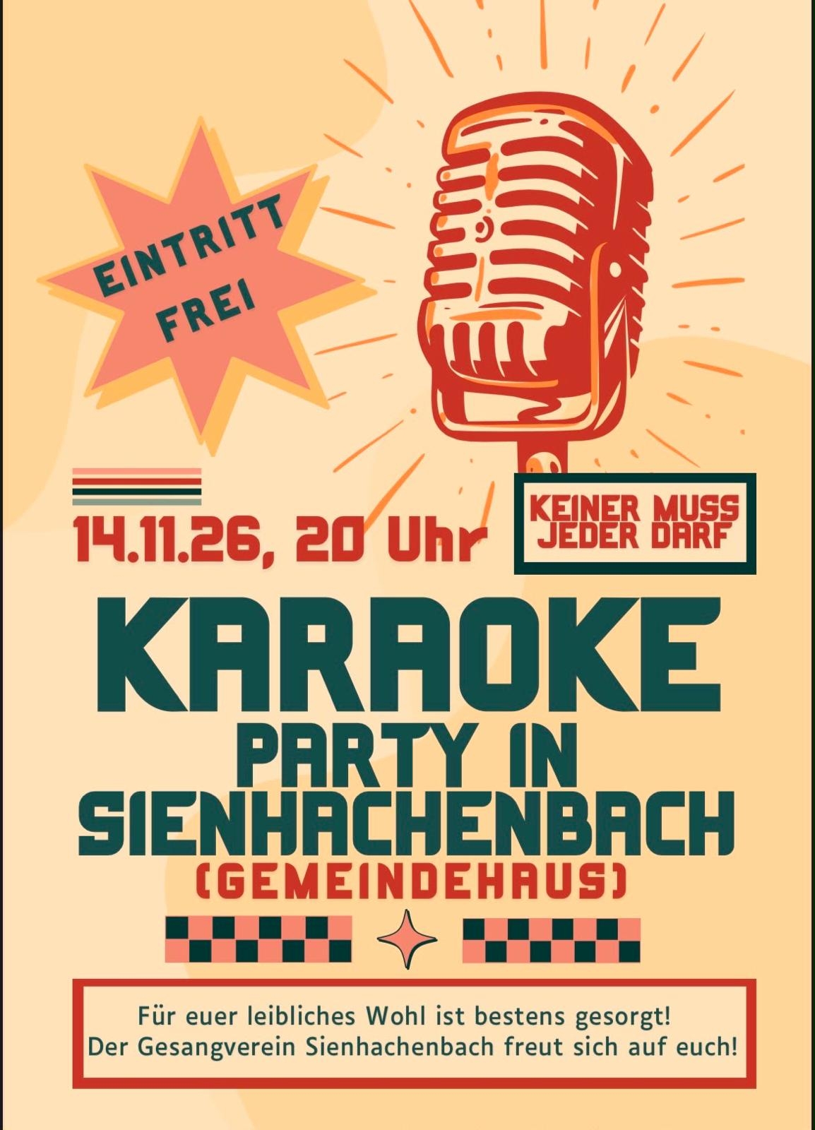 Poster Karaoke Retro-Poster mit einem großen Mikrofon, Text zu einer Karaoke-Party in Sienhachenbach am 14.11.26 um 20 Uhr, mit Hinweisen auf freien Eintritt und Verpflegung