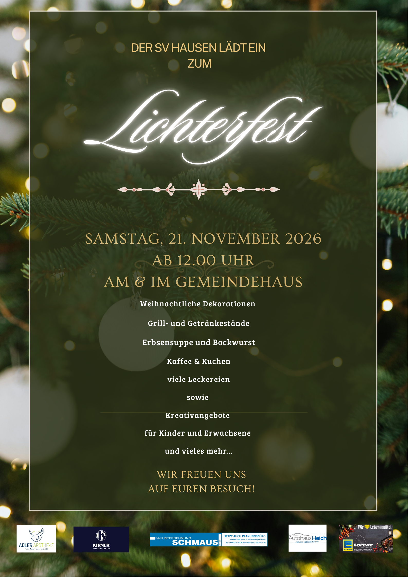 Green and White Traditional Christmas Market Poster - 2 Grünes und weißes Plakat mit Einladung zum Lichterfest am Samstag, 21. November 2026, ab 12 Uhr im Gemeindehaus, mit Programmhinweisen und Logos von Sponsoren am unteren Rand