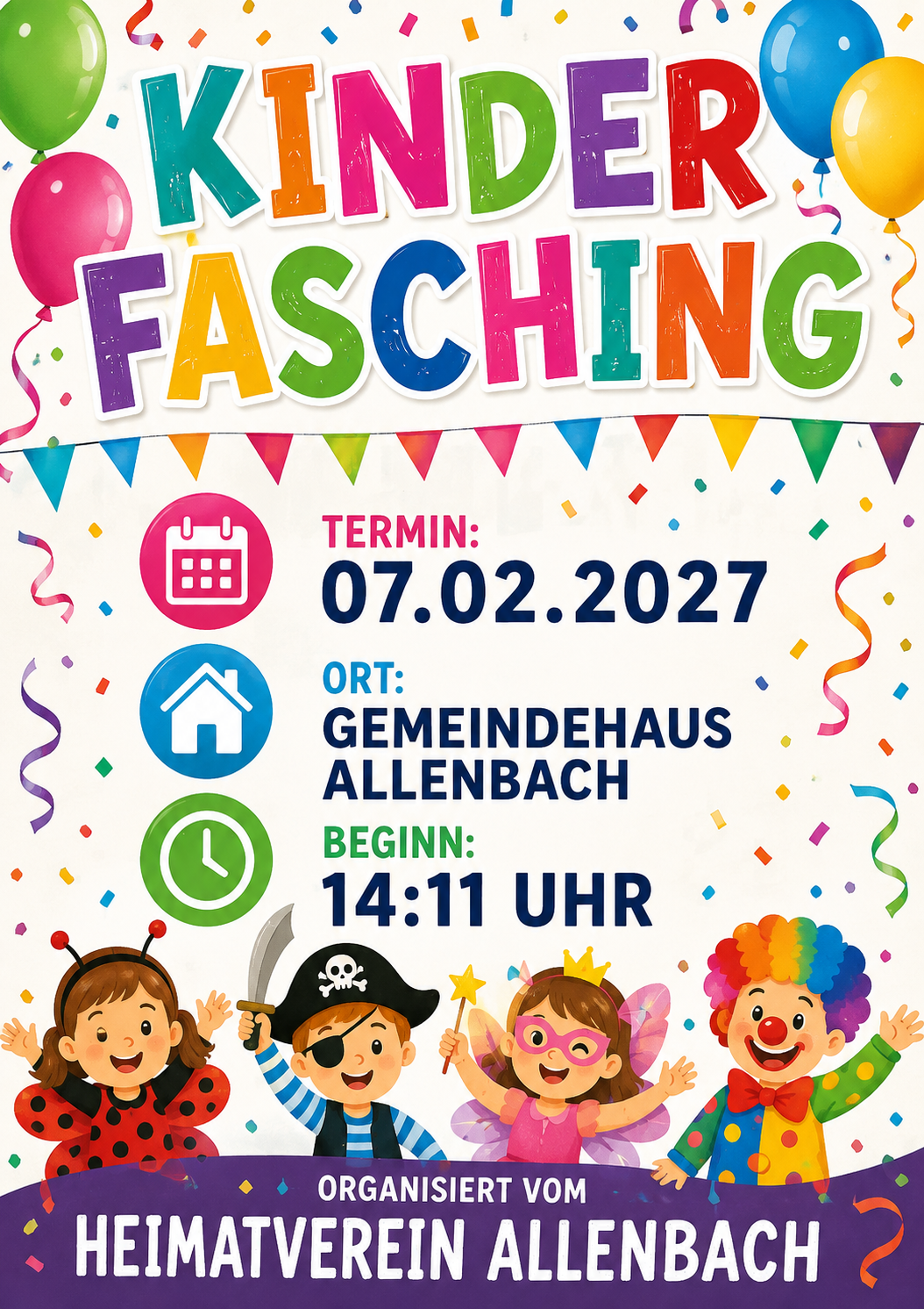 Kinderfasching Bunte Einladung zu Kinderfasching mit Datum, Ort, Uhrzeit und vier verkleideten Kindern vor Luftballons und Wimpelgirlanden