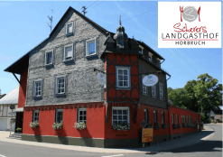 Foto Scherers Landgasthof Foto Außenansicht vom Landgasthof, oben rechts Logo mit Schriftzug Scherers Landgasthof Horbruch und Teller mit Messer/Gabel