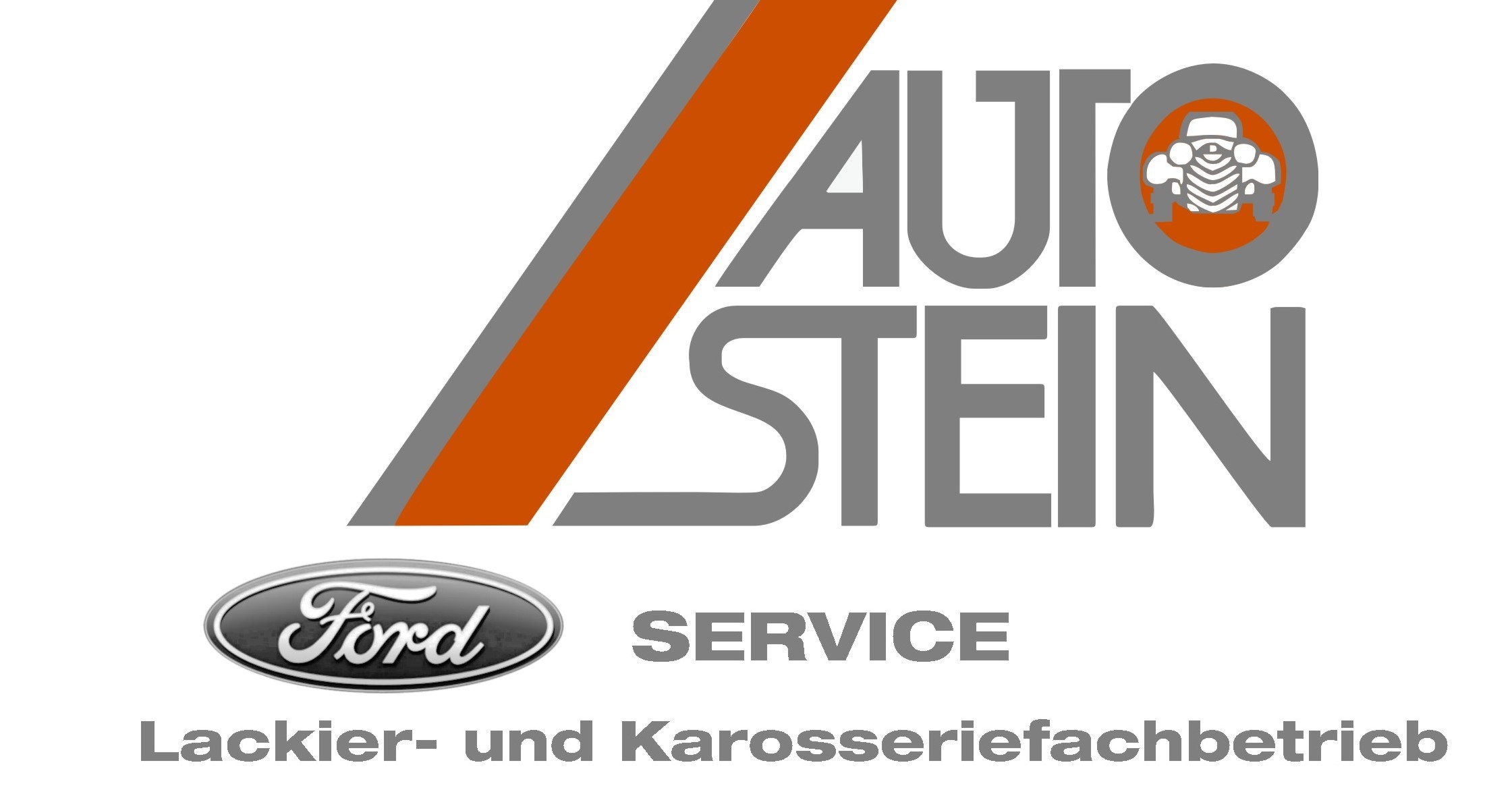 Logo Auto Stein in grauer Schrift groß geschrieben AUTO STEIN - im Buchstaben O verbirgt sich orange hinterlegt ein Auto, darunter etwas kleiner Ford Service, Lackier und Karosseriefachbetrieb