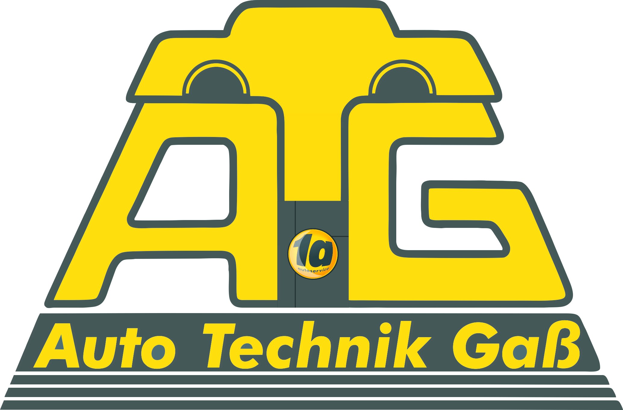 Logo Autotechnik Gaß Logo von Auto-Technik Gaß, unten in gelber Schrift auf dunkelgrünen Hintergrund als Text, darüber in Großbuchstaben A und G, der Buchstabe T ist in der Mitte dazwischen etwas höher liegend eingepasst