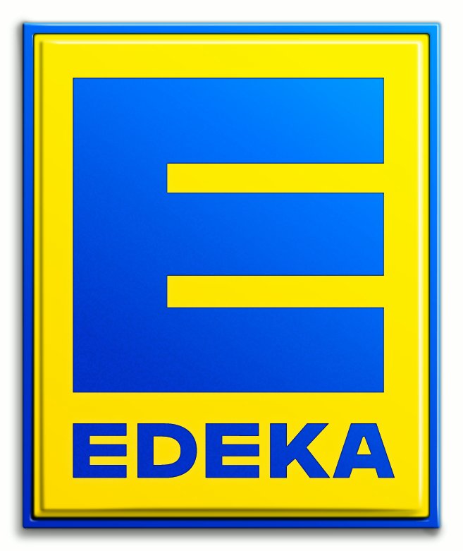 EDEKA_Logo Logo des Lebensmitteldiscounters Edeka (gelber Hintergrund mit großen blauen E in der Mitte