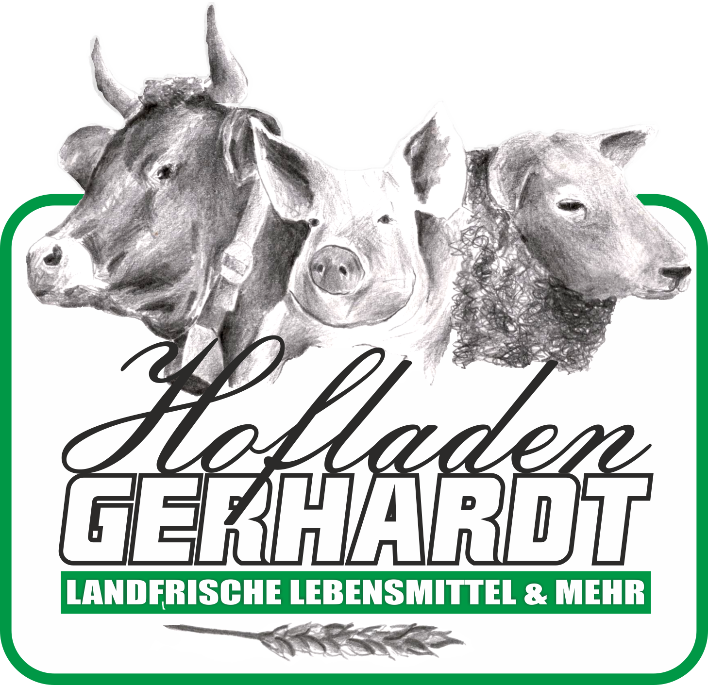 Logo gezeichnet Rind, Schwein, Schaf, darunte Text Hofladen Gerhardt, darunter in grünem Balken Text "landfrische Lebensmittel und mehr"