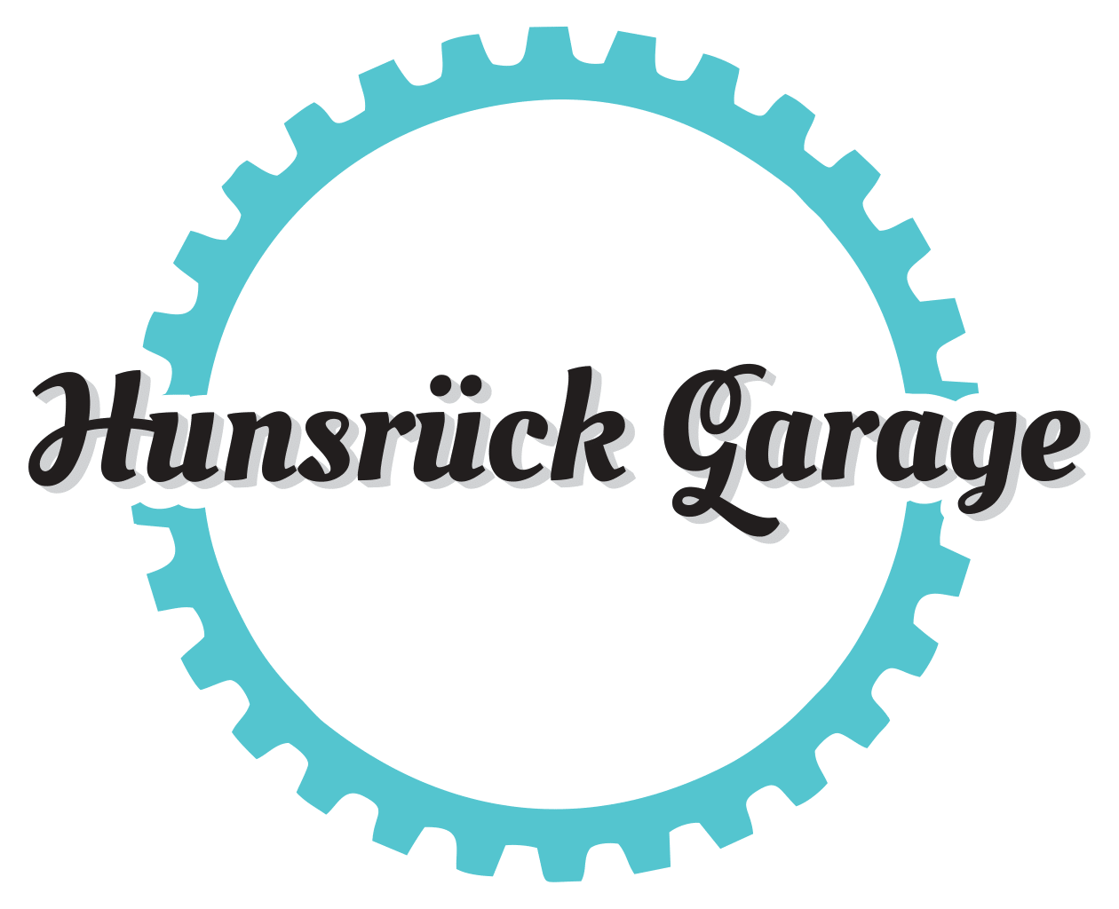 Logo Hunsrück Garage Logo mit Text Hunsrück Garage in Schwarz in der Mitte, als Zahnrad angedeutet außen in Türkis