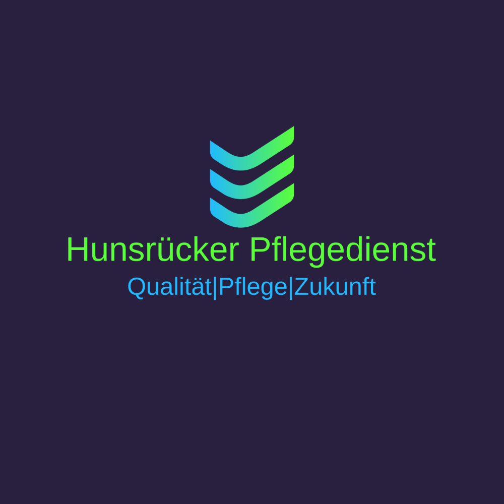 Logo Hunsrücker Pflegedienst Logo blauer Hintergrund, in grüner Schrift Hunsrücker Pflegedienst, darunter in blauer Schrift Qualität/Pflege/Zukunft