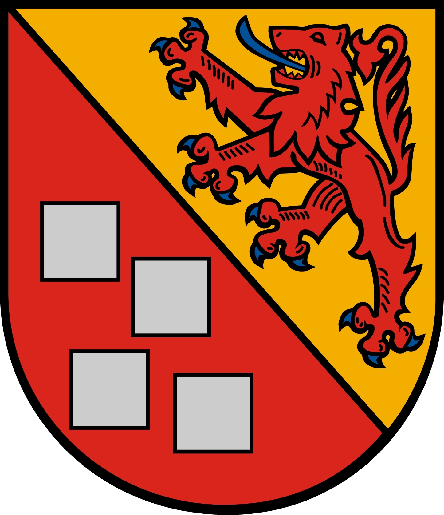 2-geteilte Tafel, rechts rotes Fabeltier auf gelben Untergrund, links roter Hintergrund mit grauen Kacheln