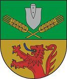 Wappen der OG Hellertshausen Wappen oben grün unten gelb, unten rotes Fabelwesen, oben Schaufel in grau und zwei Ähren in gelb