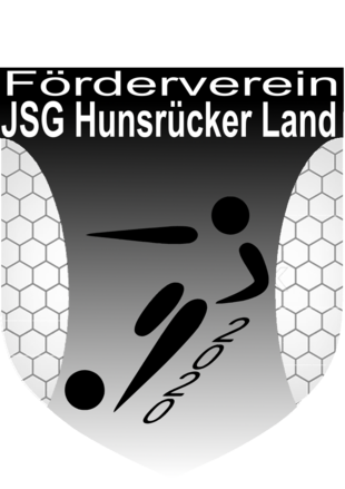 Logo JSG Hunsrücker Land Logo in den Farben schwarz, weiß, grau, oben Text Förderverein JSG Hunsrücker Land, in der Mitte angedeutete Person die Fußball spielt, links rechts angedeutet Teile von Fußball