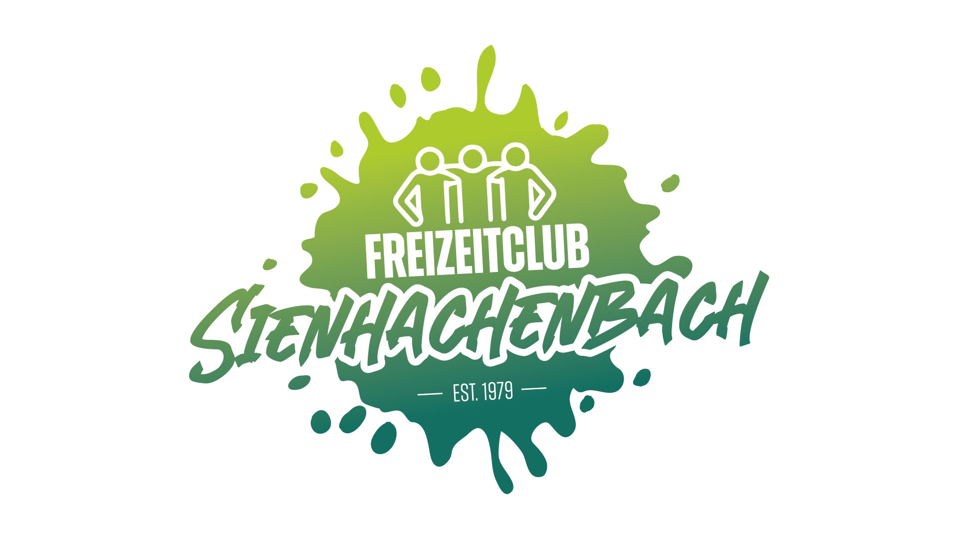 Logo Freizeitclub Sienhachenbach rundes Logo mit tropfenförmig verlaufenden kanten und einem Farbverlauf von oben hellgrün zu unten dunkelgrün, im oberen drittel 3 sich umarmende Menschen, schriftzug freizeitclub sienhachenbach est. 1979