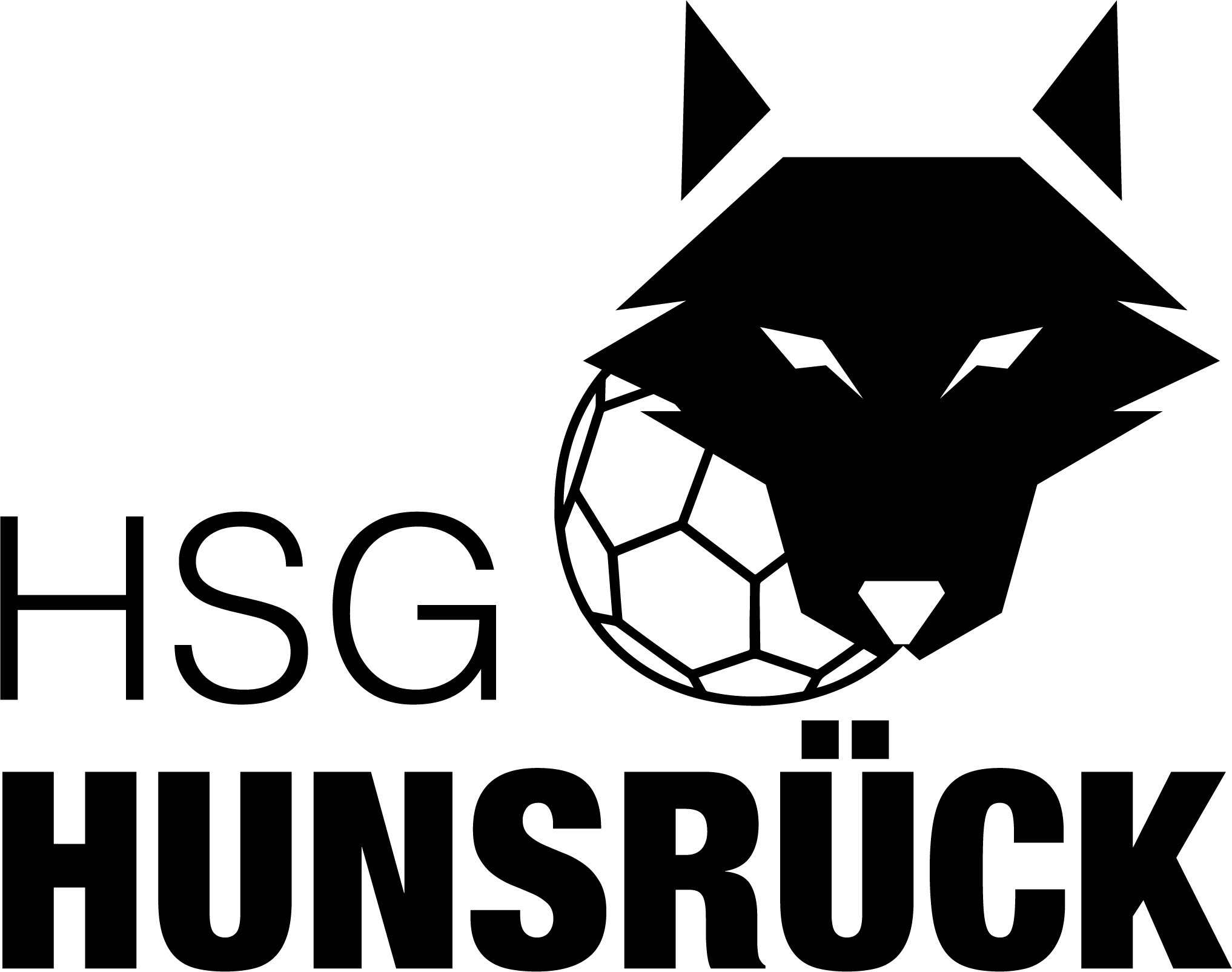 Logo HSG Hunsrück das Logo ist ganz in Schwarz gehalten auf weißem Hintergrund, man sieht den Schriftzug HSG Hunsrück und in der rechten oberen Ecke ist ein grafisch dargesteltter ball und ein fuchs zu sehen
