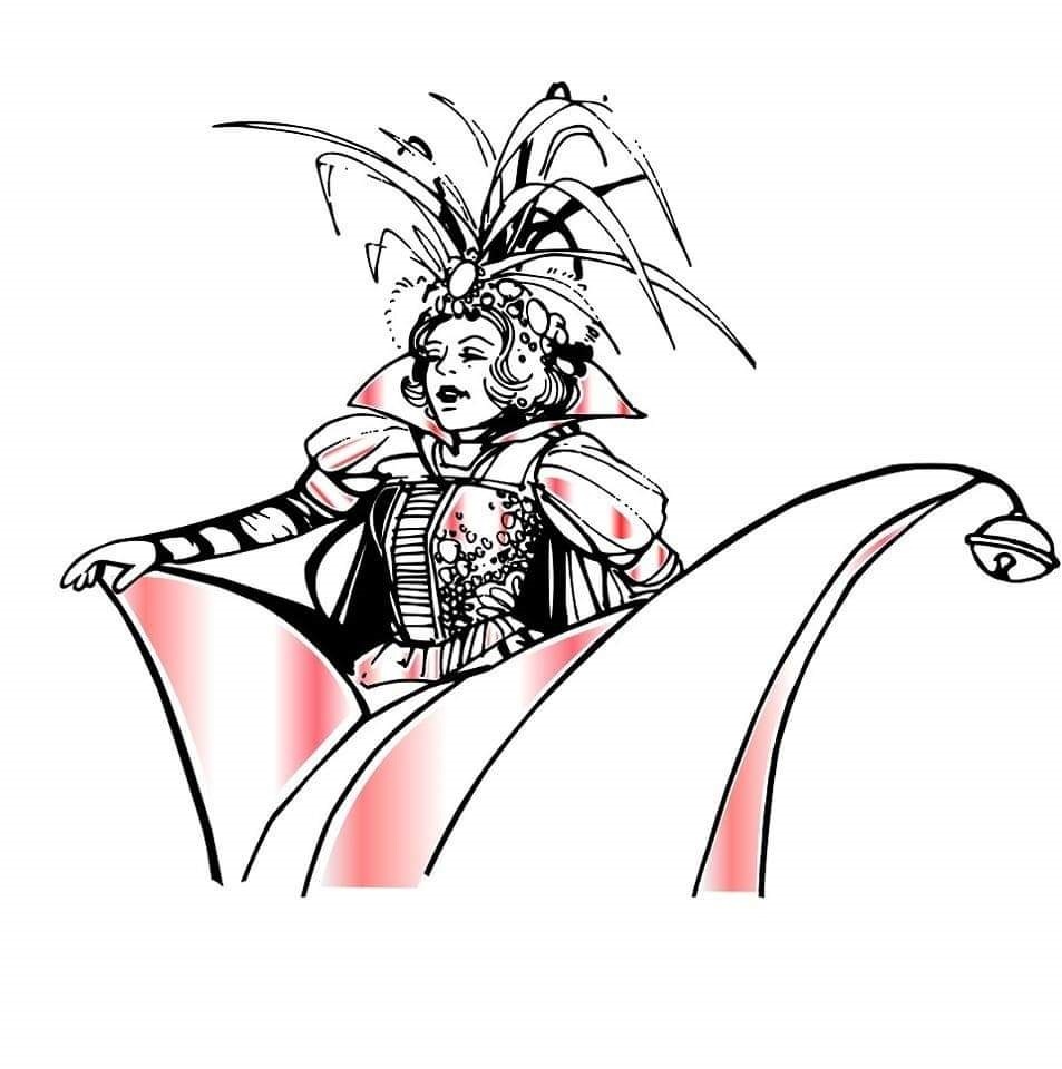 Logo des Kempfelder Karneval Klub, zu sehen ist eine Zeichnung einer Frau im Kostüm in der Bütt