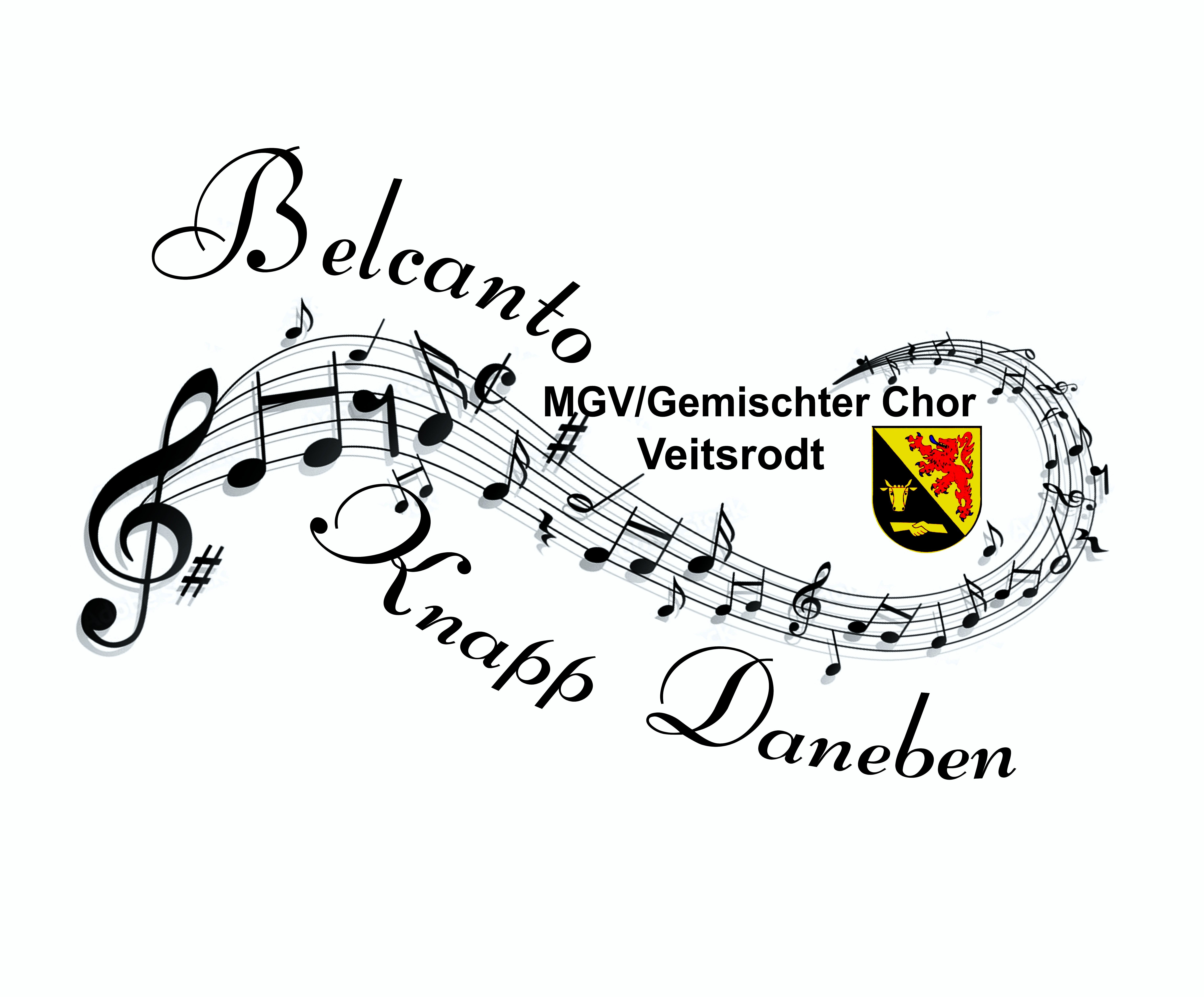 Logo MGV/ Gemischter Chor Veitsrodt Auf dem Bild ist zu lesen: Belcanto Knapp Daneben, MGV/ Gemischter Chor Veitsrodt, in der Mitte ist eine geschwungene Notenlinie mit verschiedenen Noten und Notenschlüsseln zu sehen sowie das Wappen der Ortsgemeinde