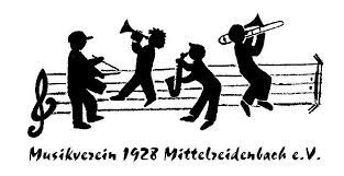 Zeichnung Notenlinien, darauf abgebildet 4 Musiker mit Instrumenten, Text Musikverein 1928 Mittelreidenbach e. V., schwarz-weiß Bild