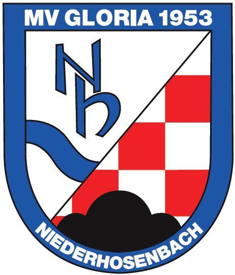 Logo Musikverein Gloria Niederhosenbach Wappen der OG Niederhosenbach, 2-geteilt, untere Teil rote-weißes Schachbrett mit Baumkronen in schwarz, obere Teil N h in blau und angedeutet Bach, eingerahmt wird das Wappen der OG vom Schriftzug oben MV Gloria 1953, unten Niederhosenbach
