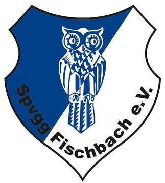 2-geteiltes Logo, obere Hälfte Blau, untere Hälfte weiß, schwarzer Schriftzug Spvgg Fischbach e. V., in der Mitte ist in weiß/blau eine Eule abgebildet