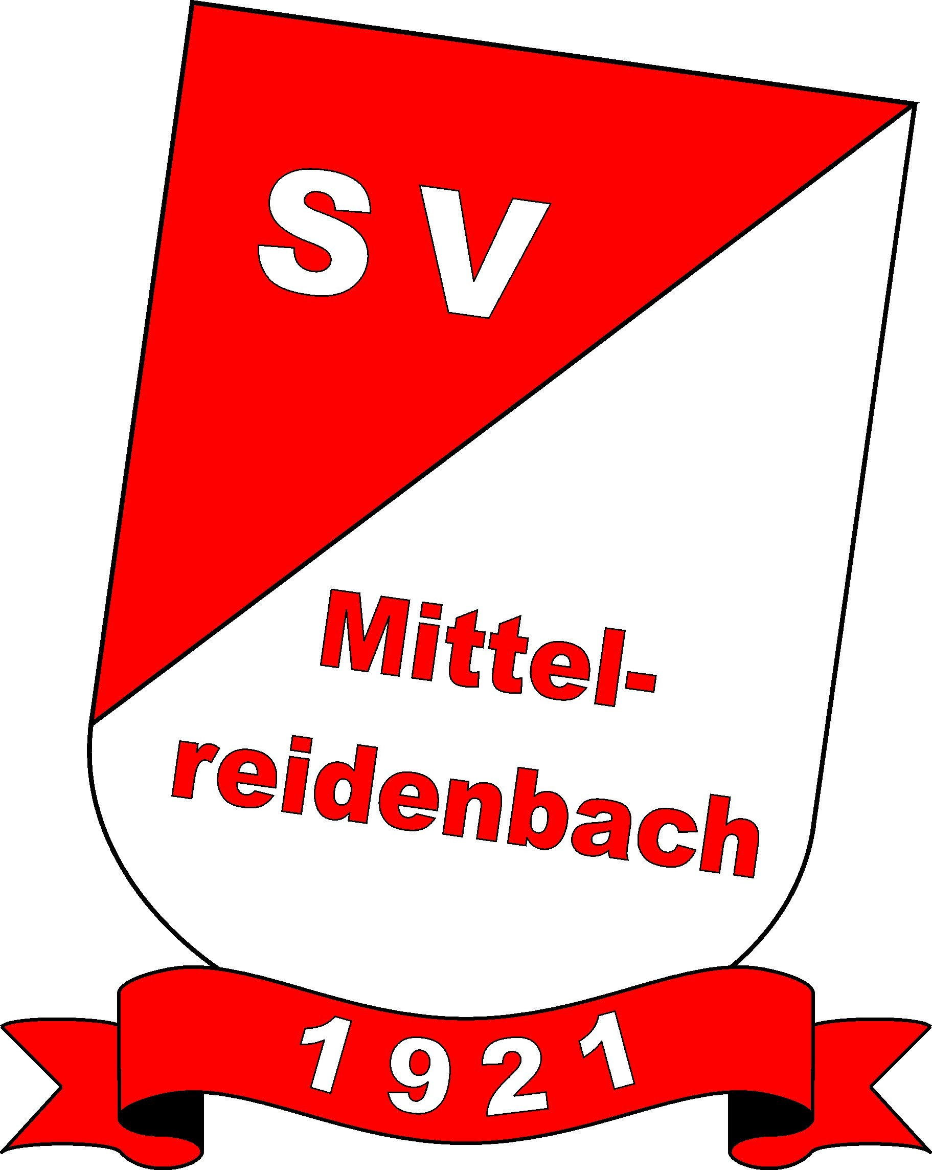 2-geteiltes Schild, links auf rotem Hintergrund und weißer Schrift SV, rechts auf weißem Hintergrund mit roter Schrift Mittelreidenbach, darunter auf abgeschnittener Schleife in rot in weißer Schrift 1921