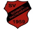 Logo SV Schmidthachenbach rotes Wappen mit schwarzem Schriftzug ob links SV, unten rechts 1959, quer Schmidthachenbach