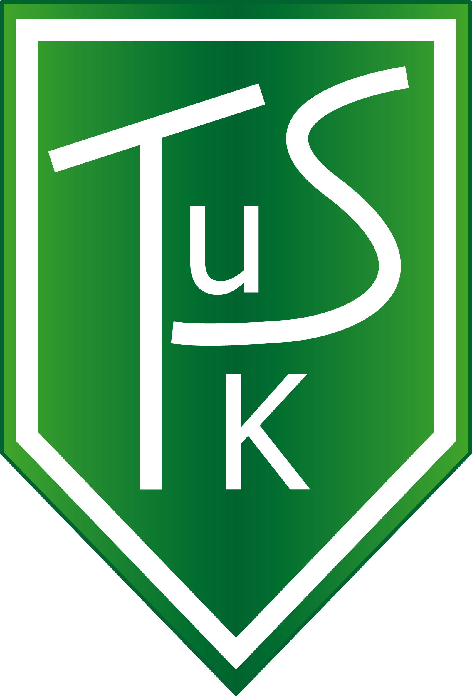 Logo Tus Kirschweiler das Logo des TuS Kirschweiler hat die Form eines Wappens, grüner Hintergrund, in weiß ein großes T, kleines U, großes S, darunter der Buchstabe K in groß
