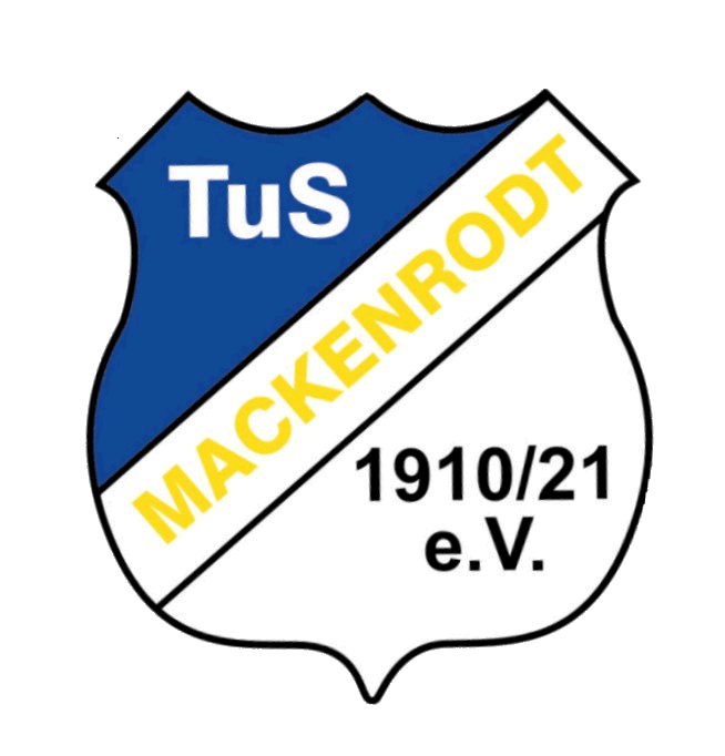 Wappen des TuS Mackenrodt mit blauem und weißem Schild, diagonal gelber Schriftzug 'MACKENRODT' und schwarzer Jahreszahl '1910/21 e.V.'