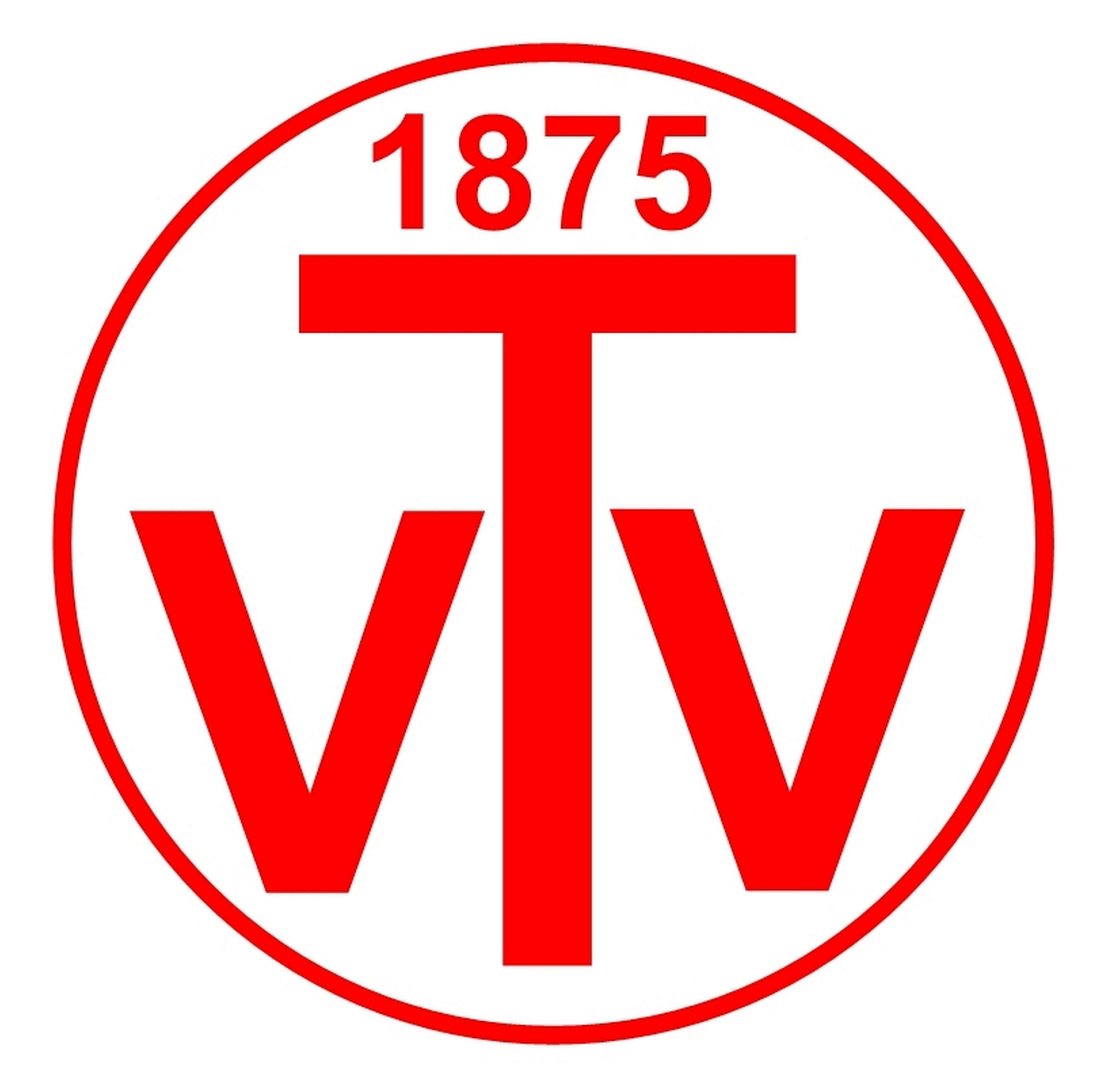 Logo TV Vollmersbach Kreis mit roter Umrandung, innen weißer Hintergrund, roter Schrift in der Mitte großes T, links und rechts kleiner V, über T1875