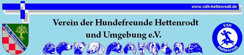 Logo VdH in der Mitte steht als Text Verein der Hundefreunde Hettenrodt und Umgebung e. V., darunter sind verschiedene Hunderassen abgebildet, eingerahmt wird dies vom Wappen Hettenrodt sowie dem Logo in blau