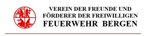 in rot Kreis mit 4 Feuerwehrsymbolen, Schriftzug in schwarz Verein der Freunde und Förderer der freiwilligen Feuerwehr Bergen