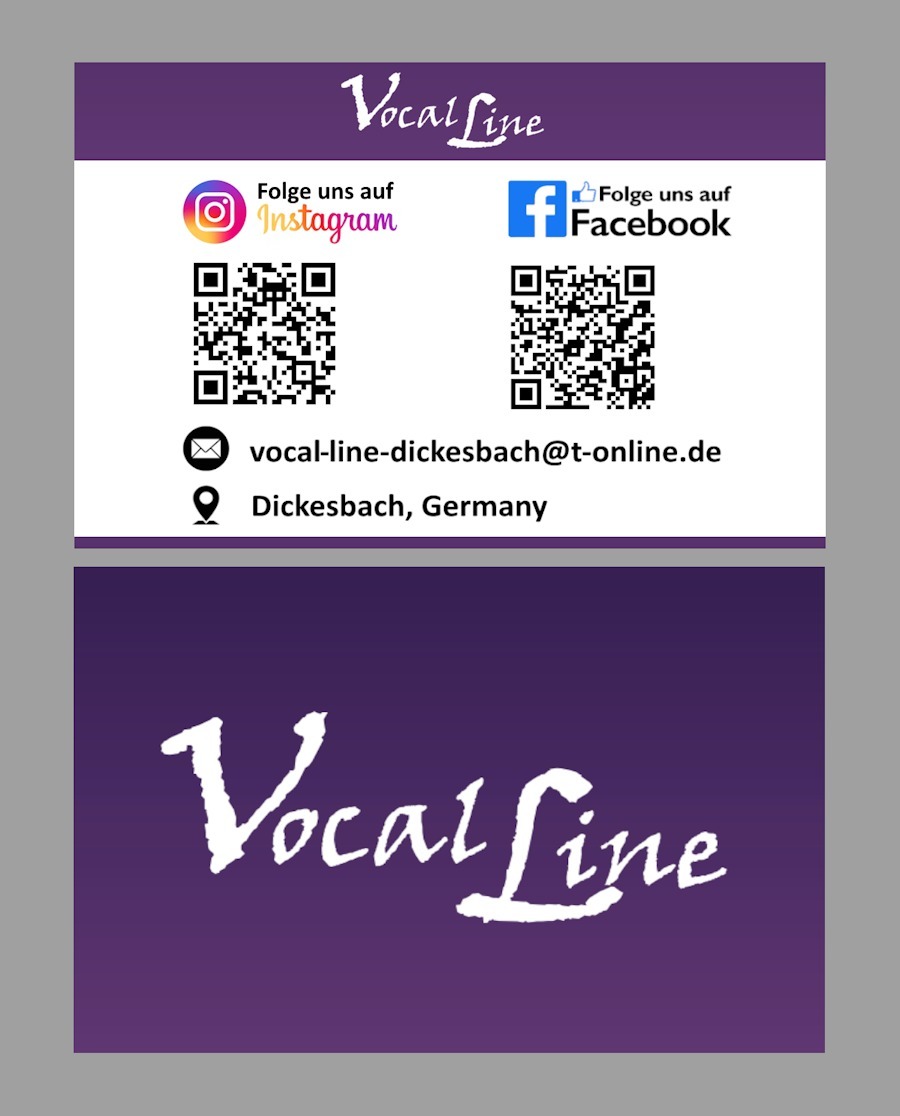 Vocal Line auf dem Bild wird per QR Code auf die Instagram und Facebook Seite des Vereins hingewiesen, außerdem ist nochmals die E-Mail Adresse zu lesen, auf lila Hintergrund ist in weißer Schrift Vocal Line zu lesen