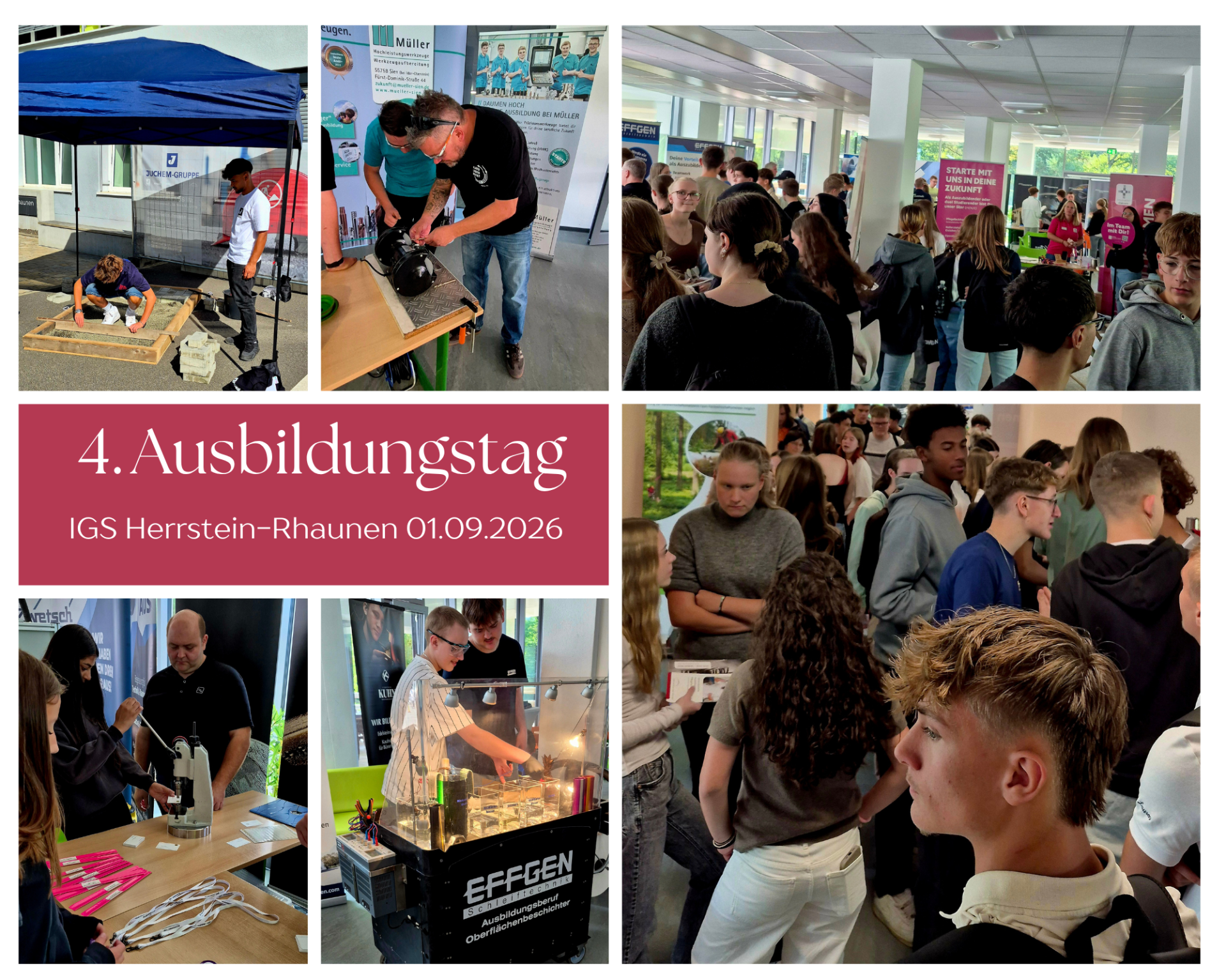 Kollage 4. Ausbildungstag 01.09.2026, viele Menschen, die Mitmachaktionen bei Ausbildungsbetrieben erproben