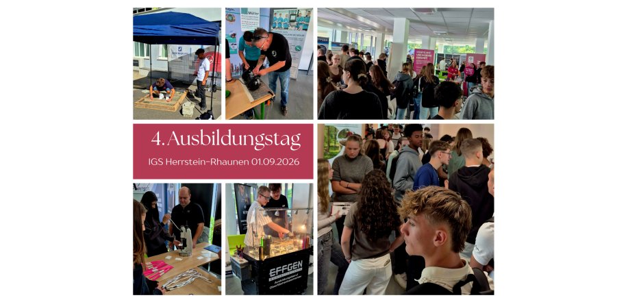 Ausbildungstag IGS Kollage 4. Ausbildungstag 01.09.2026, viele Menschen, die Mitmachaktionen bei Ausbildungsbetrieben erproben