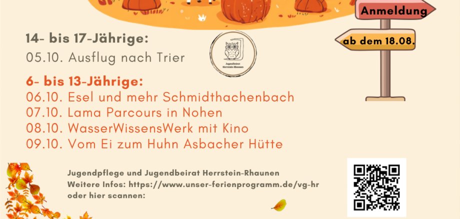 Illustration mit Kindern, Kürbissen, einem Lama und einem Esel in herbstlicher Landschaft vor einer Burg, daneben ein Wegweiser mit den Worten 'Anmeldung' und 'ab dem 18.08.' Illustration mit Kindern, Kürbissen, einem Lama und einem Esel in herbstlicher Landschaft vor einer Burg, daneben ein Wegweiser mit den Worten 'Anmeldung' und 'ab dem 18.08.'