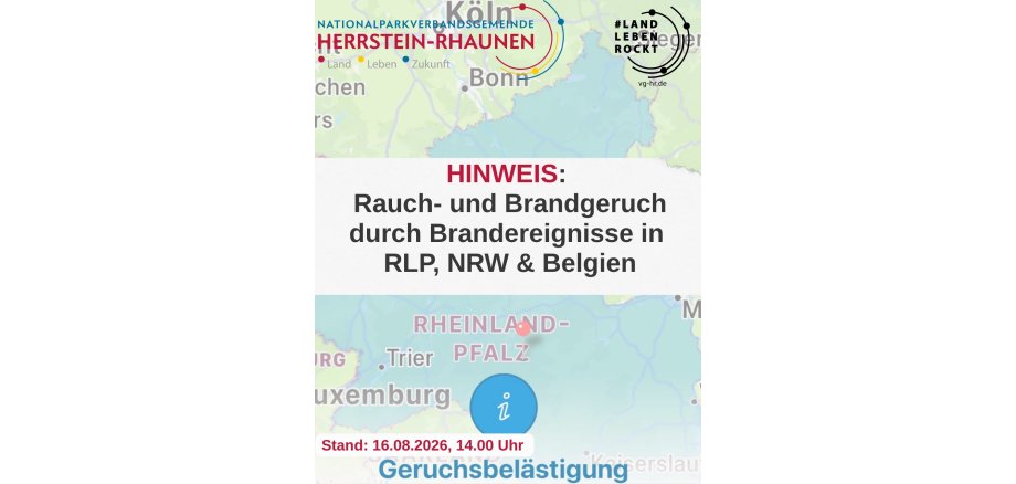 Rauch- und Brandgeruch in VG zu sehen die Warnmeldung Rauch- und Brandgeruch durch Brandereignissein RLP, NRW & Belgien mit Schriftzug auf der Landkarte verortet