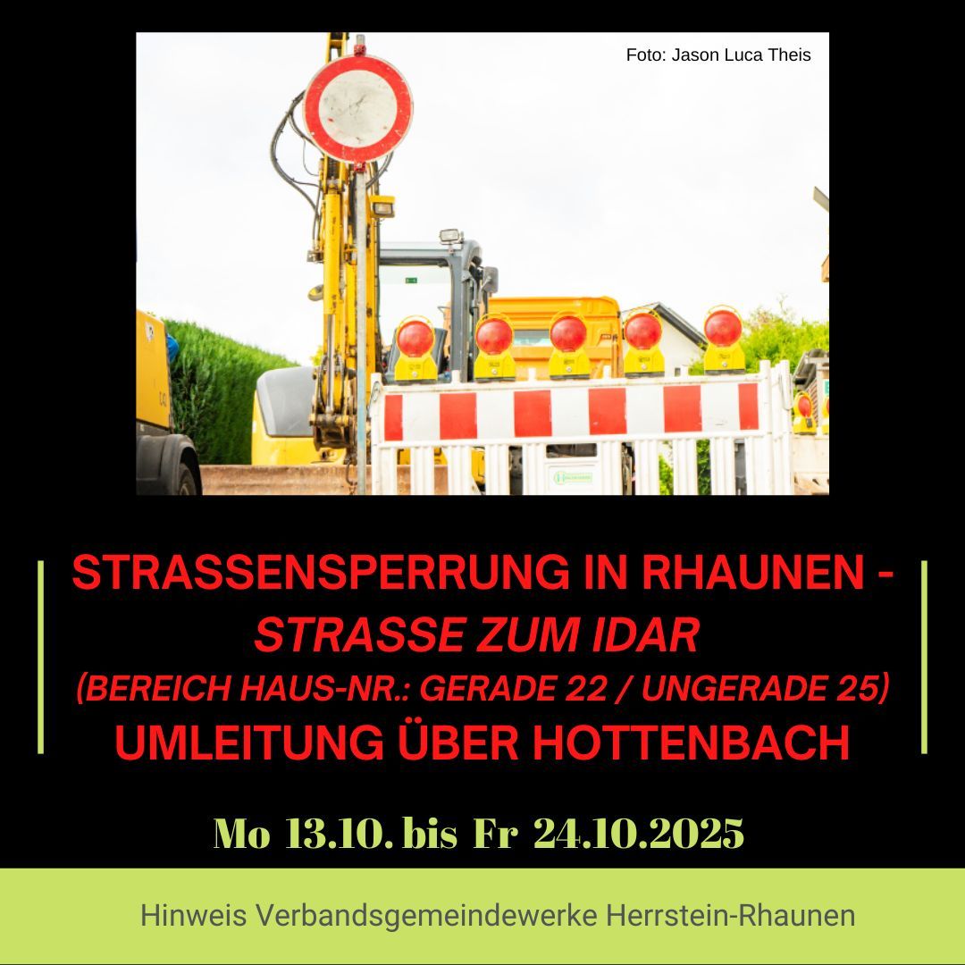 Infobild zur Straßensperrung in Rhaunen vom 13.10.-24.10.2025