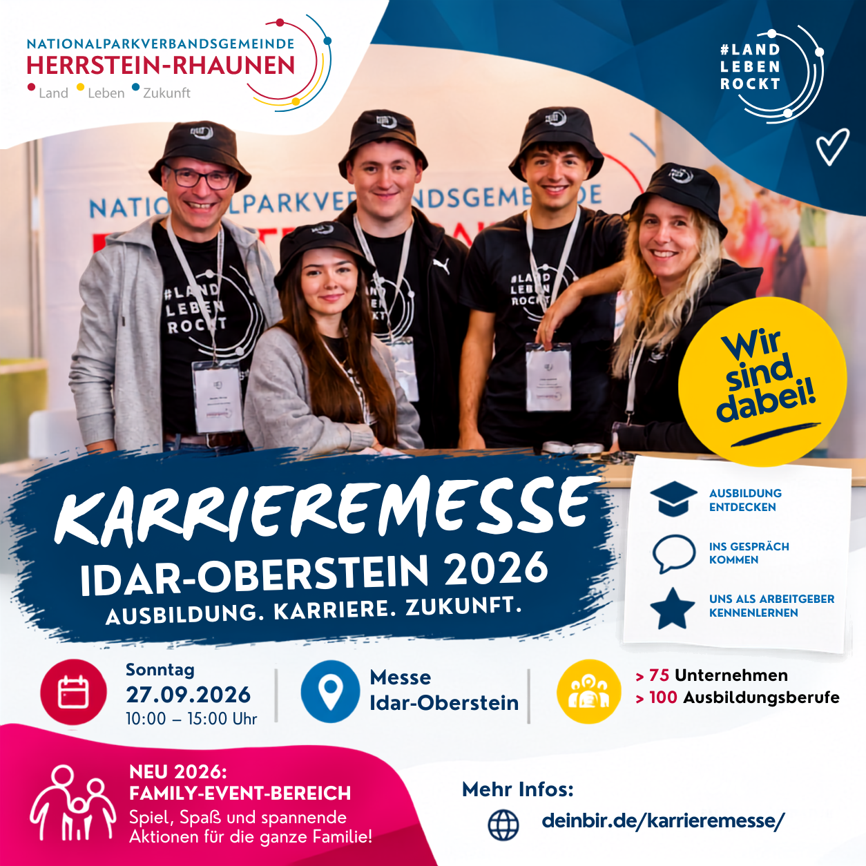 Karrieremesse am 27.09.2026 von 10:00 bis 15:00 Uhr in der Messehalle Idar-Oberstein. Zur Darstellung ein Werbefoto mit Azubi´s und Mitarbeiter*innen der Nationalparkverbandsgemeinde Herrstein-Rhaunen