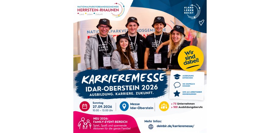 Karrieremesse 2026 - 1 Karrieremesse am 27.09.2026 von 10:00 bis 15:00 Uhr in der Messehalle Idar-Oberstein. Zur Darstellung ein Werbefoto mit Azubi´s und Mitarbeiter*innen der Nationalparkverbandsgemeinde Herrstein-Rhaunen