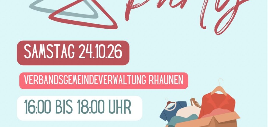Plakat mit zwei gezeichneten Kleiderbügeln, großem Schriftzug 'Kleidertausch Party', Datum und Uhrzeit, einer Kiste mit Kleidung und dem Hinweis, dass keine Baby- und Kinderkleidung angenommen wird.
