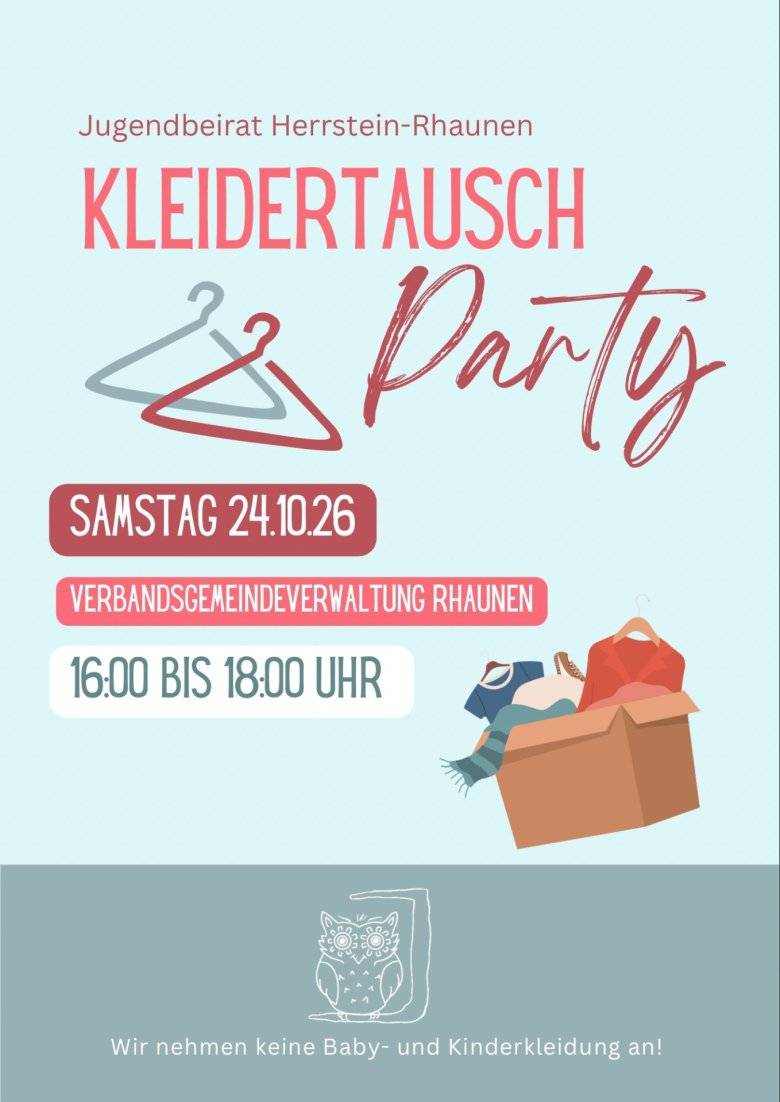 Plakat mit zwei gezeichneten Kleiderbügeln, großem Schriftzug 'Kleidertausch Party', Datum und Uhrzeit, einer Kiste mit Kleidung und dem Hinweis, dass keine Baby- und Kinderkleidung angenommen wird.