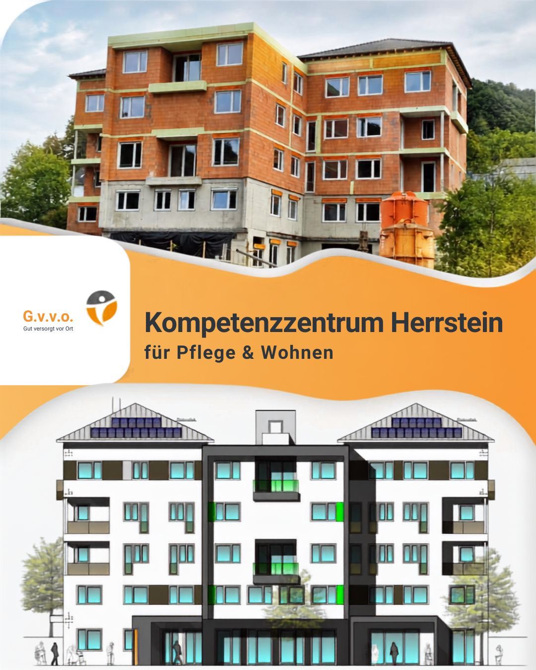 Rohbau und Bauzeichnung des zukünftigen Kompetenzzentrum Herrstein für Pflege und Wohnen
