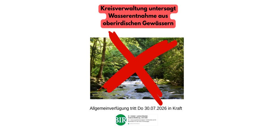 Kreisverwaltung untersagt Wasserentnahme aus oberirdischen Gewässern zu sehen ist ein Bachlauf mit einem Verbotsschild
