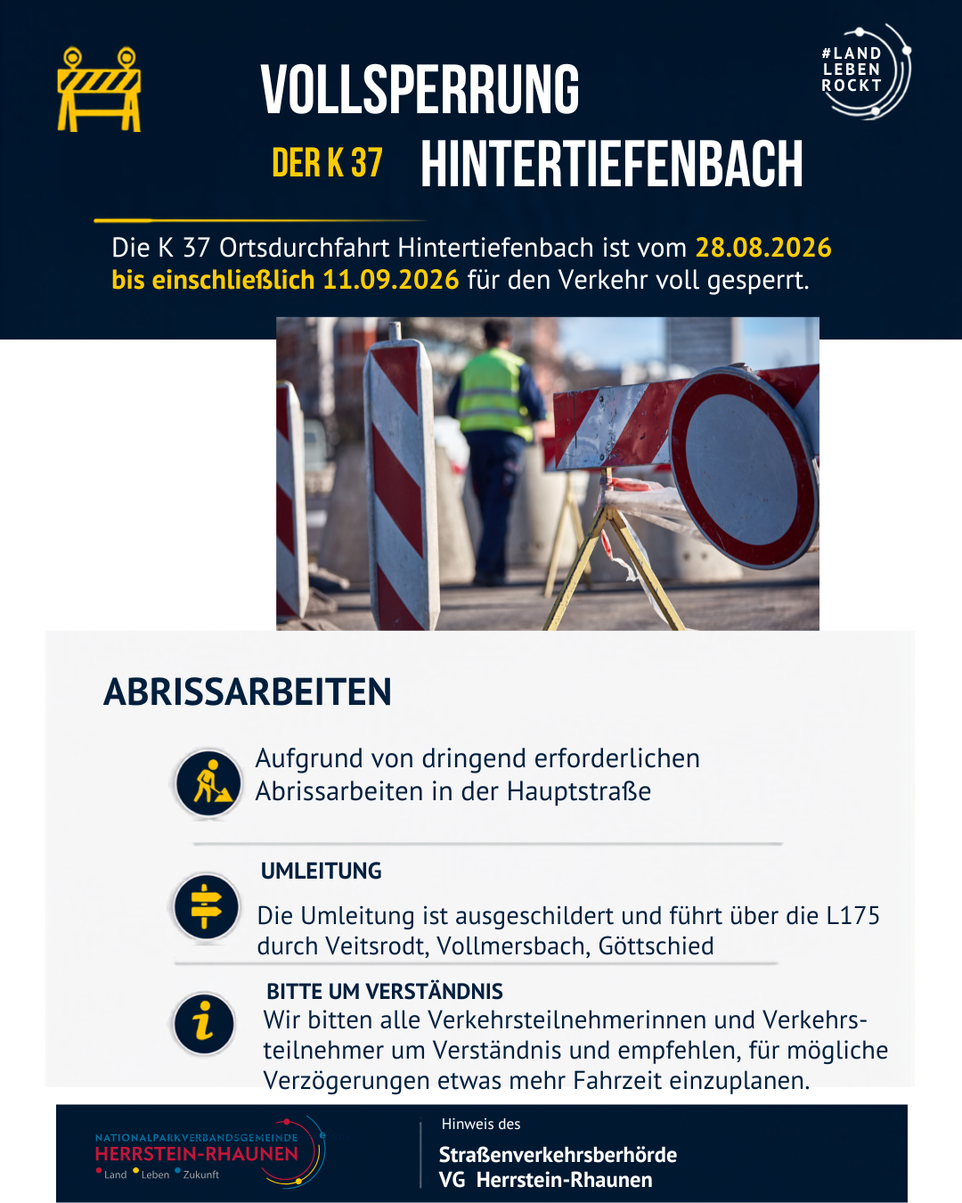 Straßensperrung Hintertiefenbach vom 28.08.2026 - 11.09.2026