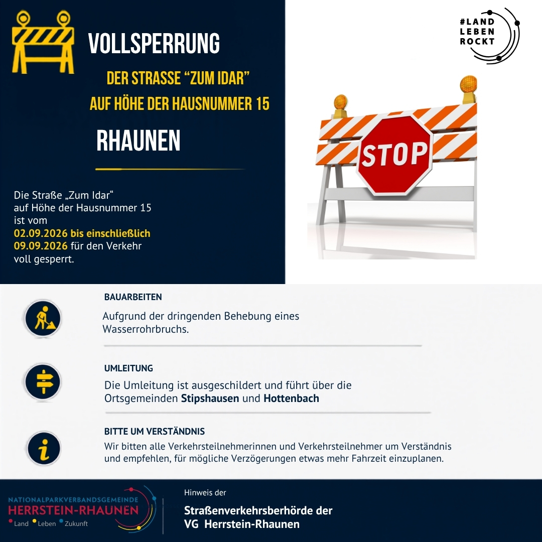 Das Foto zeigt eine Sperrbarke und im Text wird die Vollsperrung "Zum Idar" in Rhaunen in der Zeit vom 02.09.-09.09. wegen Wasserrohrbruch voll gesperrt